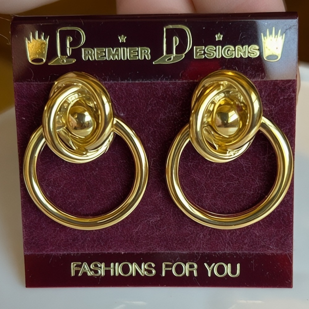 Premier Designs Gold Tone Knot Hoop Earrings Vintage Statement Jewelry